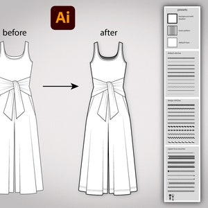 Könnte beinhalten: Eine Vorher-Nachher-Illustration eines ärmellosen Kleides mit einer Schleife an der Taille. Das Kleid auf der linken Seite ist eine einfache Strichzeichnung, während das Kleid auf der rechten Seite zusätzliche Nähdetails aufweist. Der Text "USE MY PRESETS" befindet sich in der oberen rechten Ecke des Bildes.