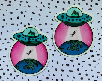 Colorful, Hand-Drawn UFO Space Abduction Vinyl Sticker