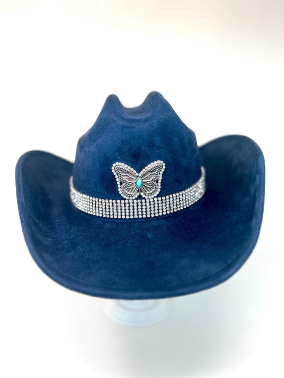 Blue Butterfly Rhinestone Cowgirl Hat Where Beauty Reigns Rhinestone Butterfly Pencil Brim Hat  main image 3