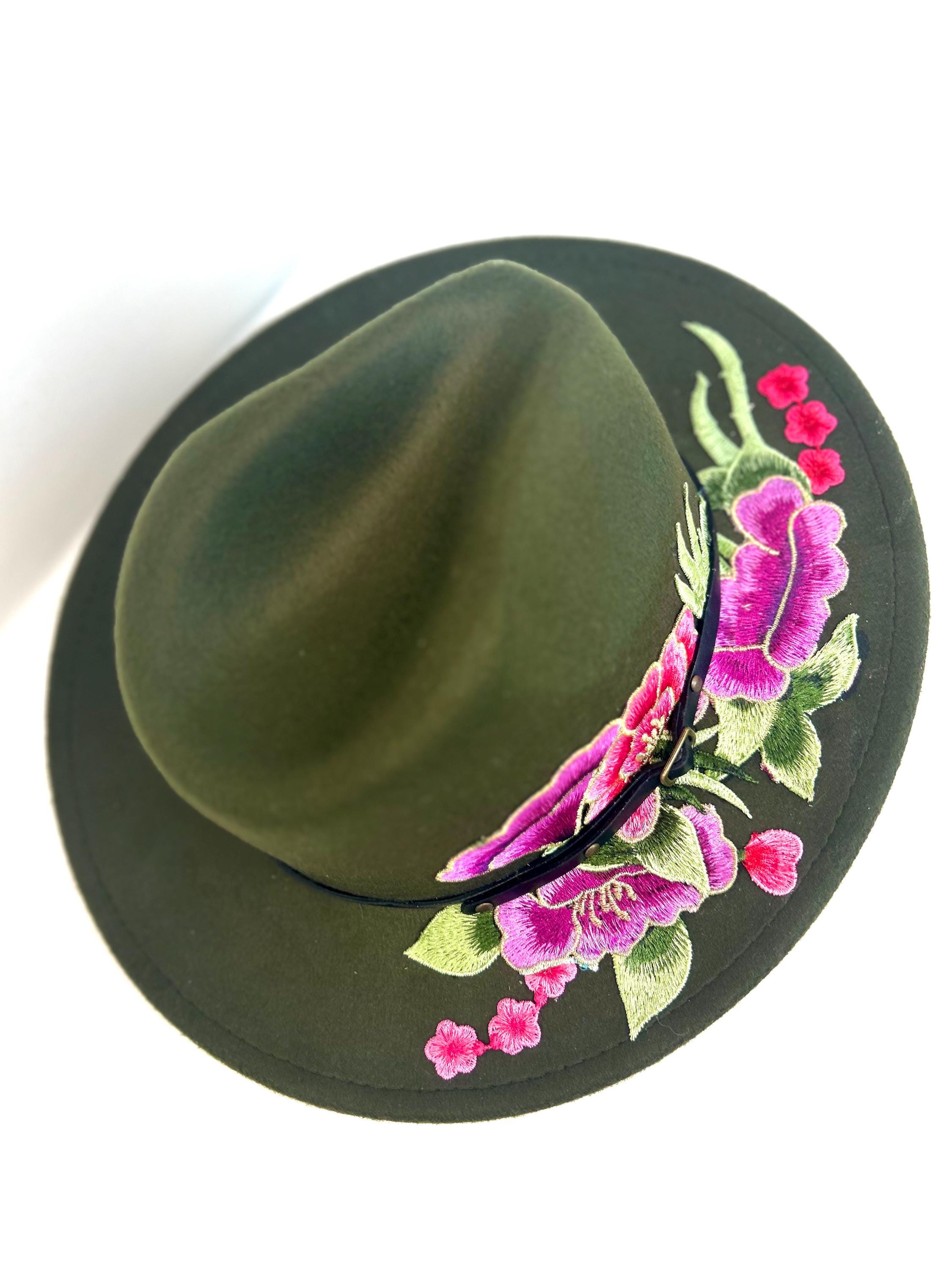 Floral Embroidered Green Fedora Hat - Etsy