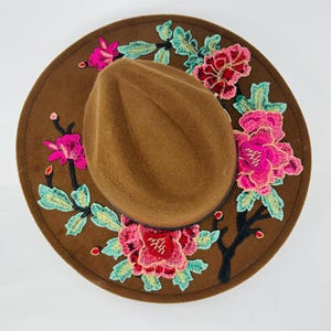 Brown Floral Wide Brim Hat Brown Wide Brim Derby Hat With Multicolor Floral Trim - Etsy main image 3