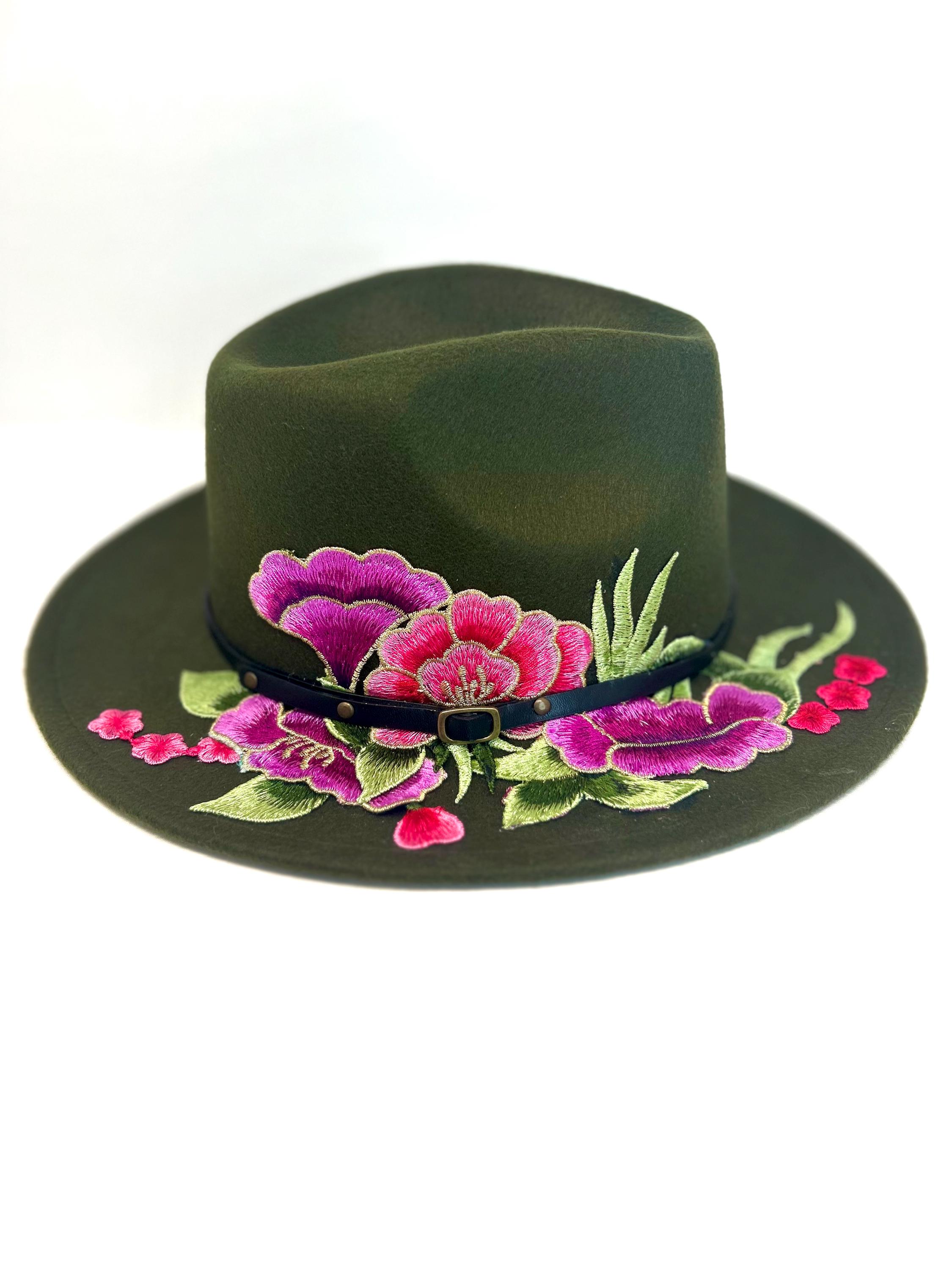 Floral Embroidered Green Fedora Hat - Etsy display picture 3