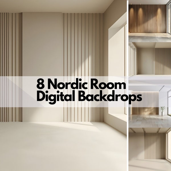 8 Nordic Room Digital Backdrops | Neutral Tones Modern House Background | Minimalist Beige Room | Wooden Panels Family Home Photoshoot