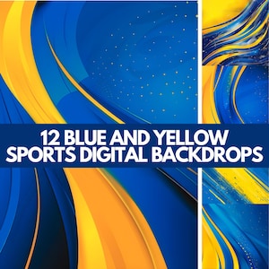 May include: 12 Blue and Yellow Sports Digital Backdrops. Abstract digital backgrounds with blue and yellow swirls and patterns.