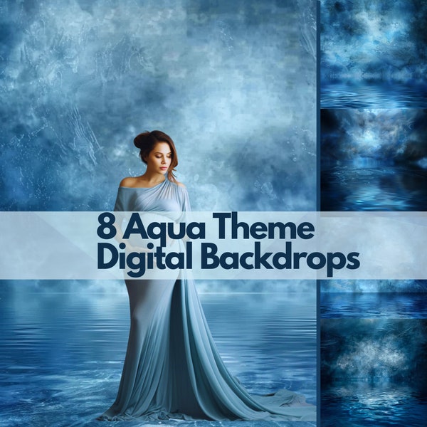 8 Aqua Theme Digital Backdrops | Blue Painted Textured Background | Moon Ocean Water Photoshoot | Artistic Sea Waves Studio Theme | Fine Art
