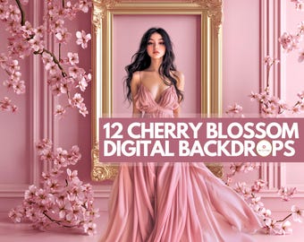12 Cherry Blossom Digital Backdrops | Gold Frame Pink Background | Floral Tree Branch Photography Wall | Flowers Photoshoot Studio Wall