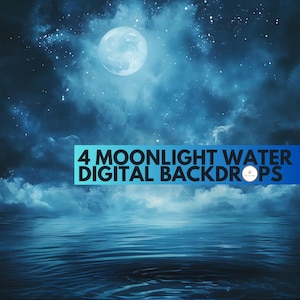 Puede incluir: Un fondo digital que presenta un cielo nocturno azul con luna llena y estrellas, y un océano azul oscuro con ondas. El texto "4 MOONLIGHT WATER DIGITAL BACKDROPS" está en el centro de la imagen.
