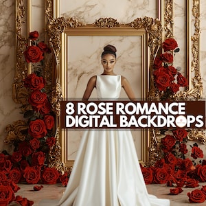 8 Rose Elegance Digital Backdrops, Golden Frame Background, Red Roses Opulent Room, Ivory Marble  Studio Wall, Premium Red Gold Background
