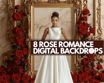 8 Rose Elegance Digital Backdrops, Golden Frame Background, Red Roses Opulent Room, Ivory Marble  Studio Wall, Premium Red Gold Background