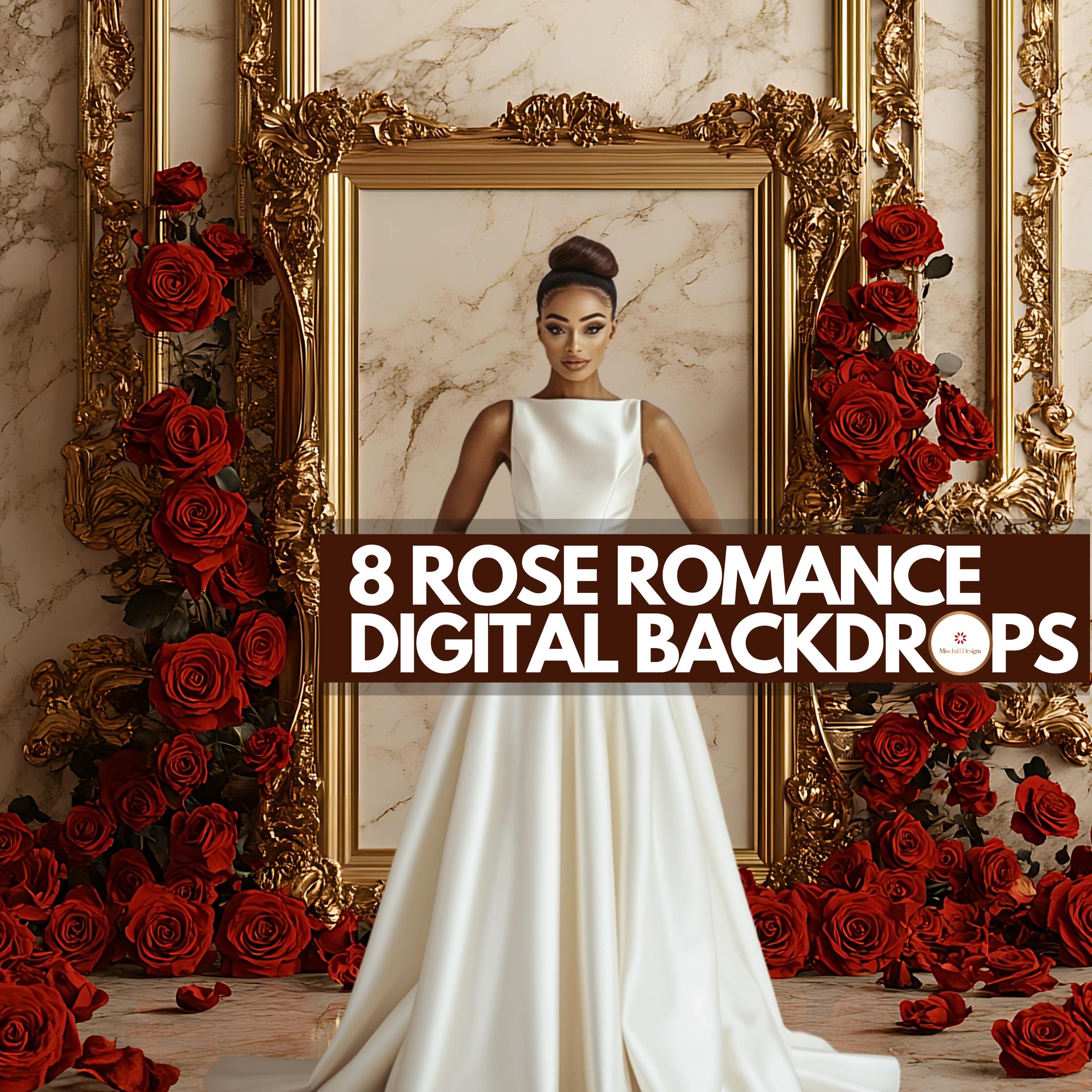 8 Rose Elegance Digital Backdrops, Golden Frame Background, Red Roses ...