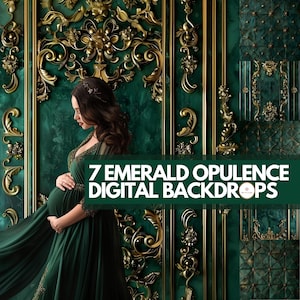 May include: A pregnant woman in a long, emerald green dress stands in front of a backdrop of ornate gold and green panels. The text "7 Emerald Opulence Digital Backdrops" is superimposed on the image.