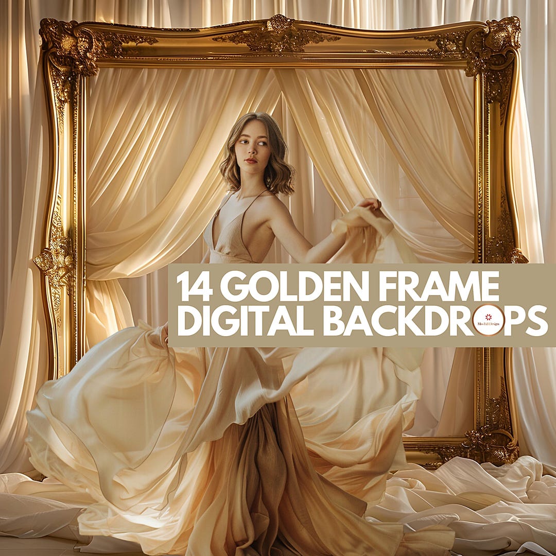 14 Golden Frame Digital Backdrops | Elegant Cream Drapes Background ...