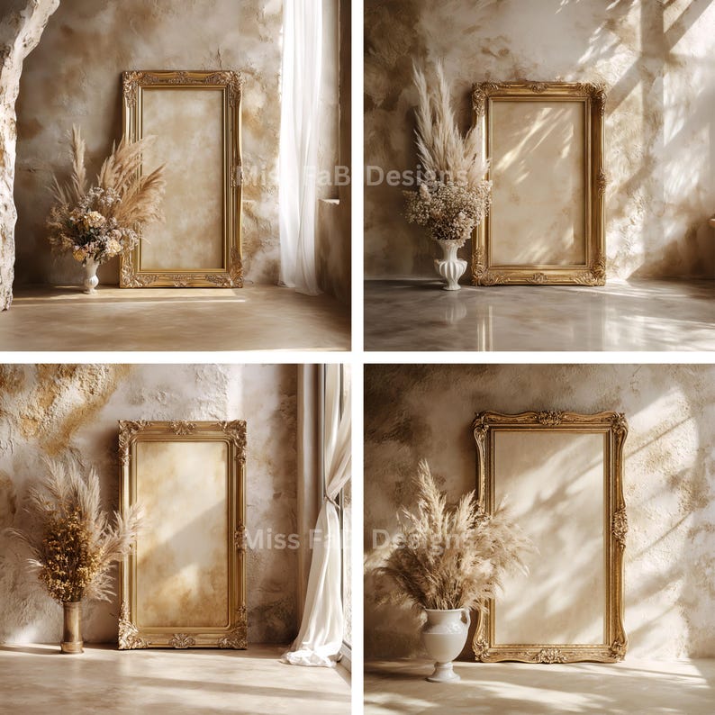 8 Boho Room Digital Backdrops | Elegant Golden Frame Background | Beige ...