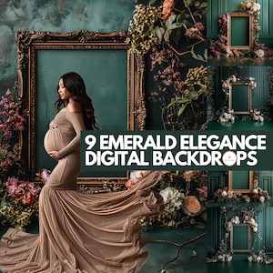 May include: Nine digital backdrops featuring a lush emerald green background with floral accents. The backdrops are perfect for photography and feature a variety of floral arrangements, including roses, hydrangeas, and greenery.