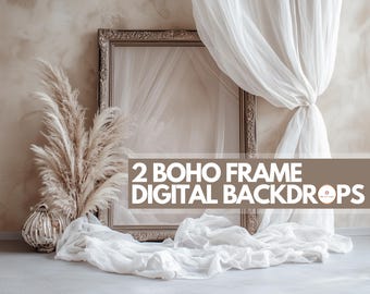 2 Boho Frame Digital Backdrops | Rustic Elegant Frame Background | Boho Beige Photography Studio | Boho Wedding Maternity, Photography Wall