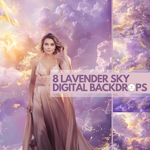 May include: A woman in a flowing pink dress stands in front of a digital backdrop of lavender clouds with gold accents. The text "8 LAVENDER SKY DIGITAL BACKDROPS" is displayed in the center of the image.