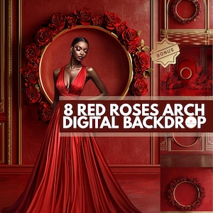 8 Red Roses Arch Digital Backdrops, Red Background, Red Palace Room Backdrop, Rose Wall Backdrop, Luxury Red Wedding, Birthday Photoshoot