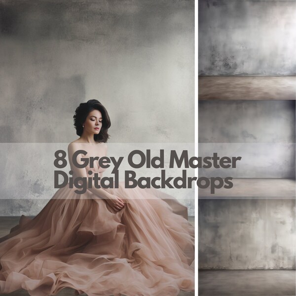 8 Grey Old Master Digital Backdrops | Digital Studio Grunge Backdrops |  Photoshop Studio Backgrounds | Shabby Aesthetic Empty Room Wall