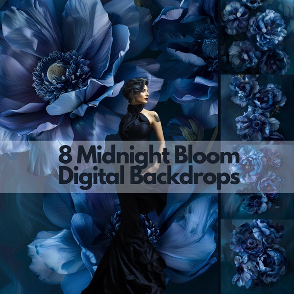 8 Midnight Bloom Digital Backdrops | Sophisticated Dark Blue Floral Backdrop | Navy Flowers Photoshoot | Elegant Gothic Romance Theme