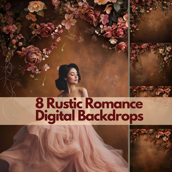 8 Rustic Romance Digital Backdrops | Pink Roses Fall Garden Wall Background | Brown Earthy Texture Photoshoot Studio | Elegant Autumn Theme