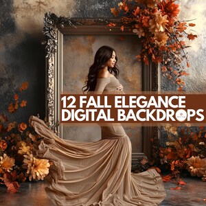 May include: A pregnant woman in a flowing brown gown stands in front of a large ornate gold frame with fall foliage and the text "12 Fall Elegance Digital Backdrops".