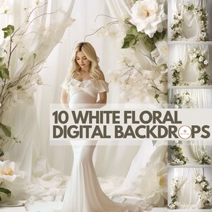 10 White Floral Digital Backdrops, Ivory Maternity Digital Background, White Drapes Photography Studio Background, White Flowers Backdrop