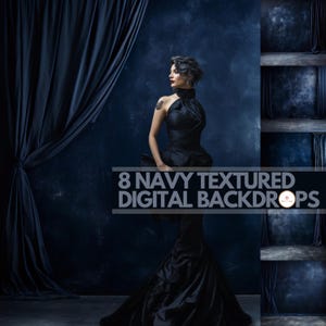 8 Navy Textured Digital Backdrops | Dark Blue Sweep Studio Background | Drapes Wall Photography Studio | Elegant Gothic Photoshoot Setting