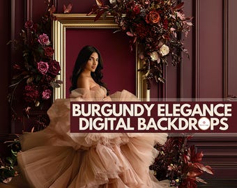 12 Burgundy Elegance Digital Backdrops | Dark Red Autumn Backdrop | Luxurious Golden Frame Studio Background | Fall Flowers Photography Wall