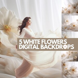 May include: Five digital backdrops featuring white flowers. The backdrops are perfect for photographers and graphic designers who want to create beautiful and ethereal images.