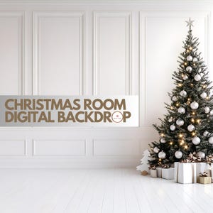 May include: A Christmas-themed digital backdrop featuring a decorated tree with silver ornaments and a star topper. The room has white walls and flooring, with gifts and a small tree. The text "CHRISTMAS ROOM DIGITAL BACKDROP" is displayed.