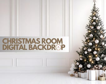 May include: A Christmas-themed digital backdrop featuring a decorated tree with silver ornaments and a star topper. The room has white walls and flooring, with gifts and a small tree. The text "CHRISTMAS ROOM DIGITAL BACKDROP" is displayed.