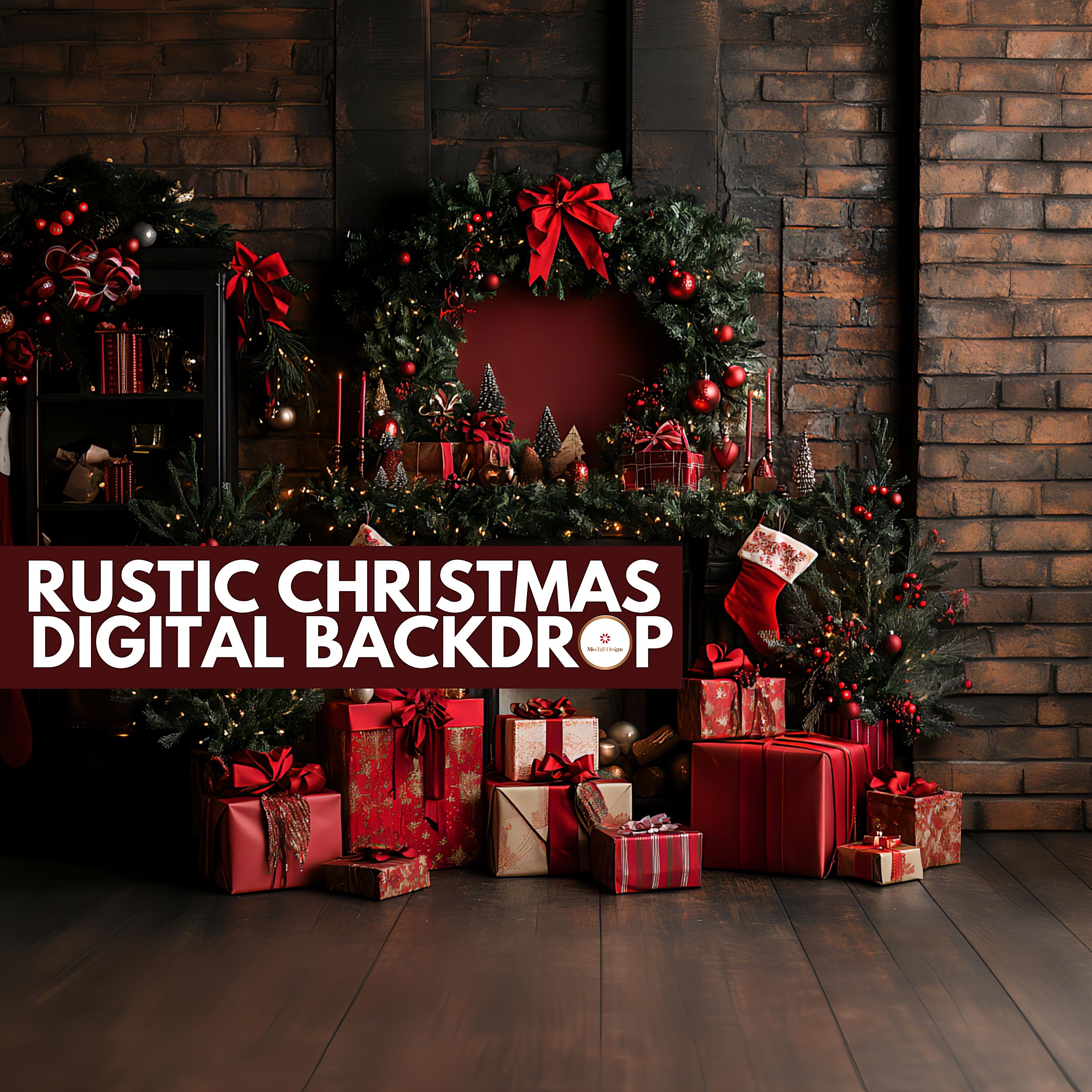Rustic Christmas Digital Backdrop, Christmas Fireplace Farm Backdrop ...