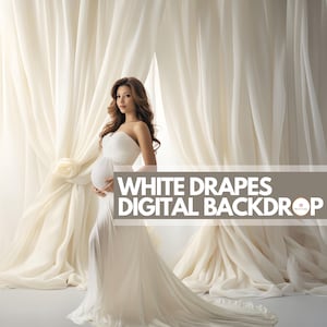 Könnte beinhalten: Eine schwangere Frau in einem weißen Kleid steht vor einem weißen Stoffhintergrund. Der Hintergrund besteht aus durchsichtigem Stoff und hat einen drapierten Effekt. Der Text "WHITE DRAPES DIGITAL BACKDROP" ist über das Bild gelegt.