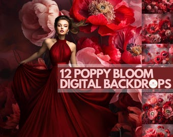 12 Red Floral Digital Backdrops, Red Maternity Backgrounds, Red Flowers Backdrops, Elegant Sunset Flowers Photoshoot, Red, Dusty Rose Wall