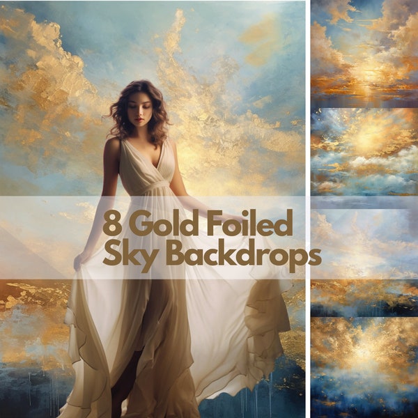 8 Fine Art Gold Foiled Digital Backdrops | Heavenly Sky Sunset Backdrop | Fine Art Golden Clouds Photoshop Studio Background |