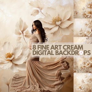 8 Fine Art Cream Digital Backdrops | Beige Floral Maternity backgrounds | Neutral Studio Background | Painted Flowers Photoshoot Background