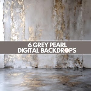 May include: A digital backdrop featuring a textured gray wall with gold accents. The wall has a distressed look with visible cracks and chips. The backdrop is perfect for photography and design projects.