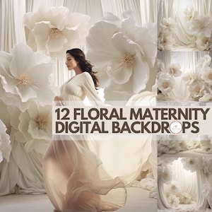 12 toiles de fond numériques florales de maternité, fond ivoire pour studio d&#39;art, fleurs blanches, rideaux beiges Photoshop, superposition de tissu