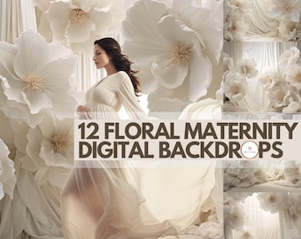 12 Floral Maternity Digital Backdrops, Ivory Fine Art Studio Background, White Flowers Backdrop, Beige Flowy Drapes Photoshop,Fabric Overlay
