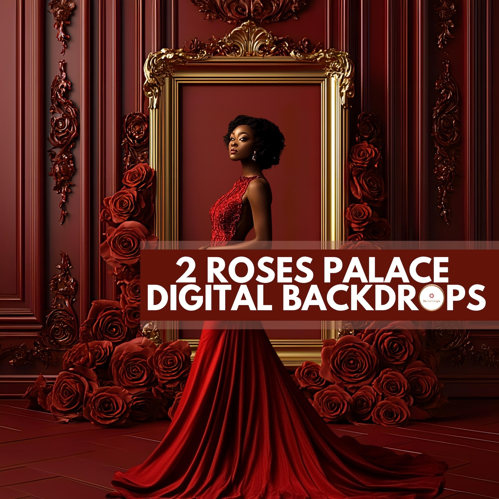 2 Roses Palace Digital Backdrops | Red Gold Background | Elegant Red ...