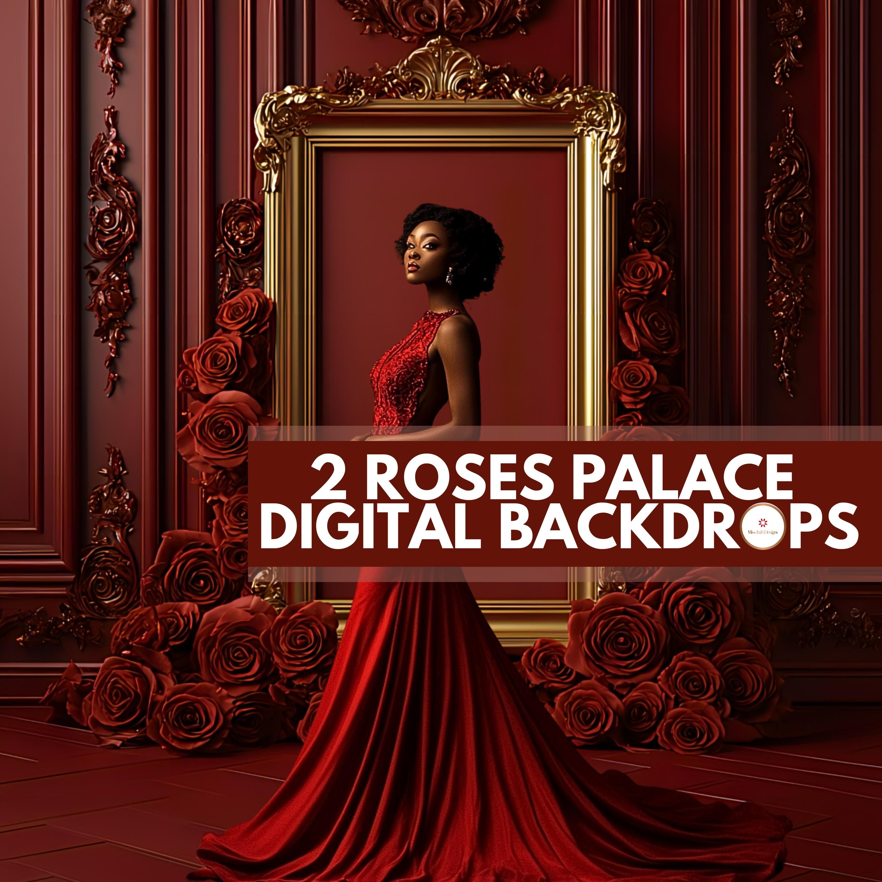 2 Roses Palace Digital Backdrops | Red Gold Background | Elegant Red Palace Room Background | Gold Frame Wall | Romantic Burgundy Backdrop