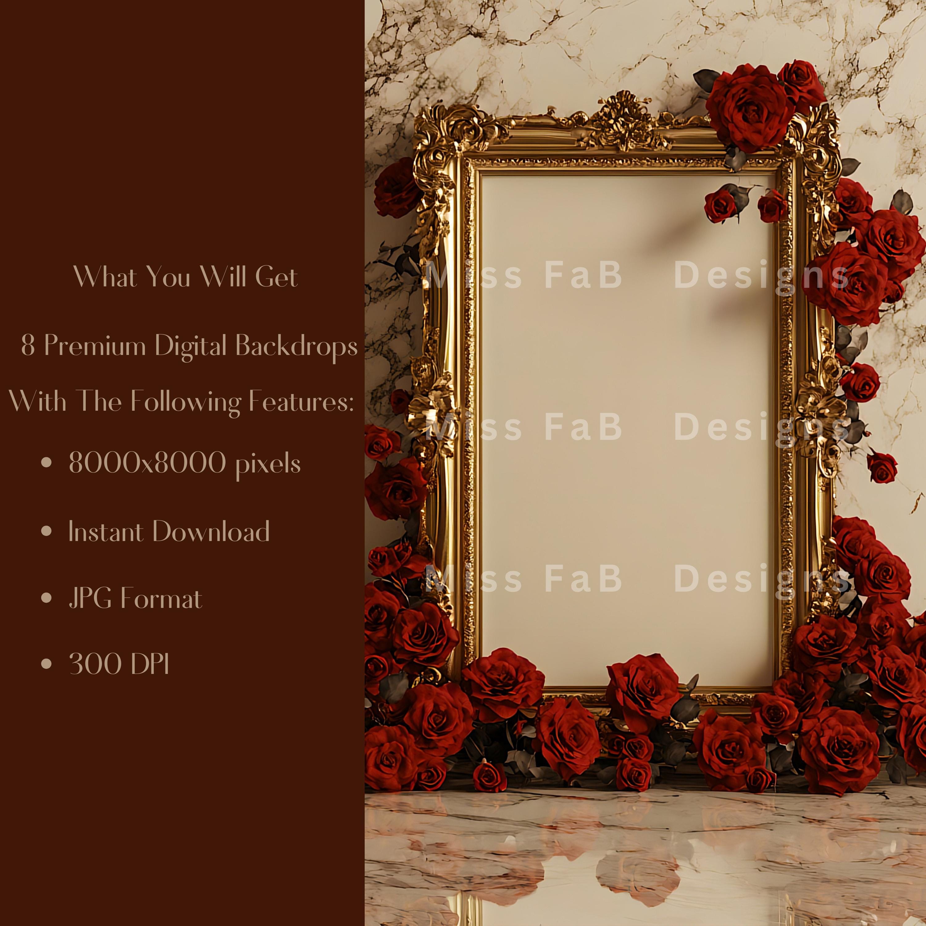 8 Rose Elegance Digital Backdrops, Golden Frame Background, Red Roses ...