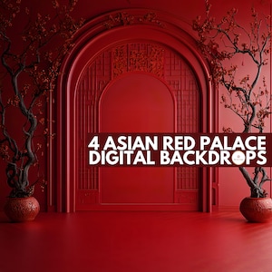 Peut inclure: Quatre fonds d'écran numériques représentant un arc de palais asiatique rouge avec des détails ornés. L'arche est encadrée par un mur rouge et deux arbres en pot rouge avec des branches noires et des fleurs rouges.