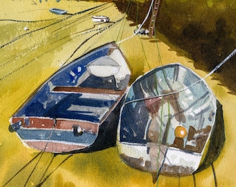 Watercolour print. Boats and harbour wall, St. Ives, Cornwall, England. Fine art living room wall decor. Entryway archival wall art.