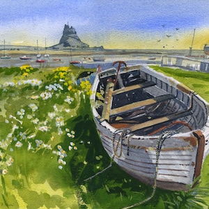 Watercolour print. Lindisfarne Castle and old boat, Northumberland, England. Fine art living room wall decor. Entryway archival wall art.