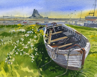 Watercolour print. Lindisfarne Castle and old boat, Northumberland, England. Fine art living room wall decor. Entryway archival wall art.