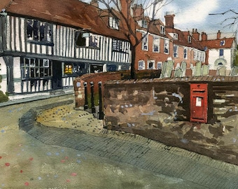 Rye Church square, East Sussex, England. Watercolour print. English landscape. Fine art print. Living room wall art.
