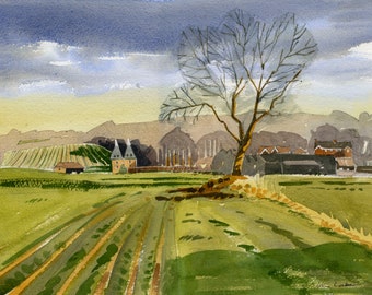 Bekesbourne, Kent, England. Chalkpit Farm. Watercolour print. Fine art archival wall art for living room. Geen entryway wall decor.