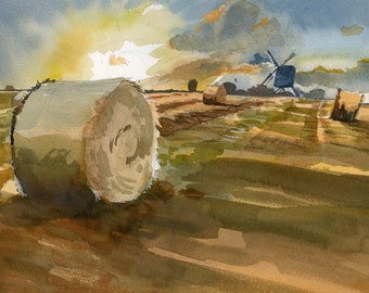 Chillenden Mill at Sunset. Kent, England. Watercolour Print. English Landscape. Fine art print. Living room wall decor. Entryway wall art.