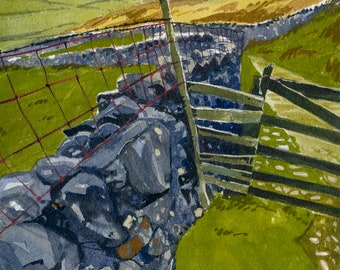 May include: A watercolor painting of a stone wall with a wooden gate and a red wire fence. The wall is made of large, gray stones and the gate is made of wooden planks. The fence is made of red wire and is attached to the wall. The painting is set in a rural landscape with green grass and hills in the background.